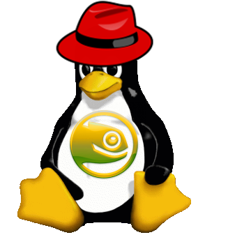 Tux in a Red Hat and SUSE logo