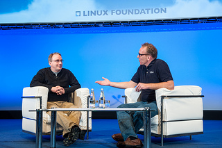 Linus and Dirk on stage at LinuxCon Europe