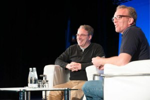 Linus Torvalds and Dirk Hohndel on stage at LinuxCon Europe.