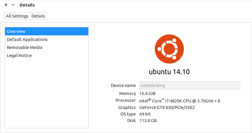 Figure 3: The Ubuntu release number as seen from the Settings tool.