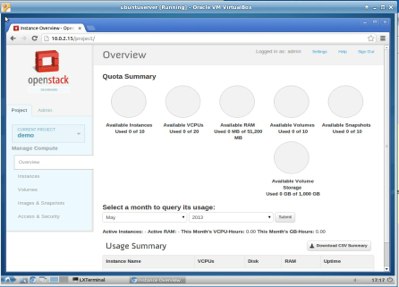 The Horizon dashboard, after OpenStack installation.