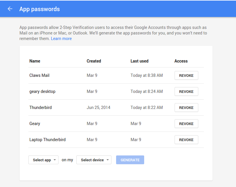 Figure 2: Creating an app password for Geary.